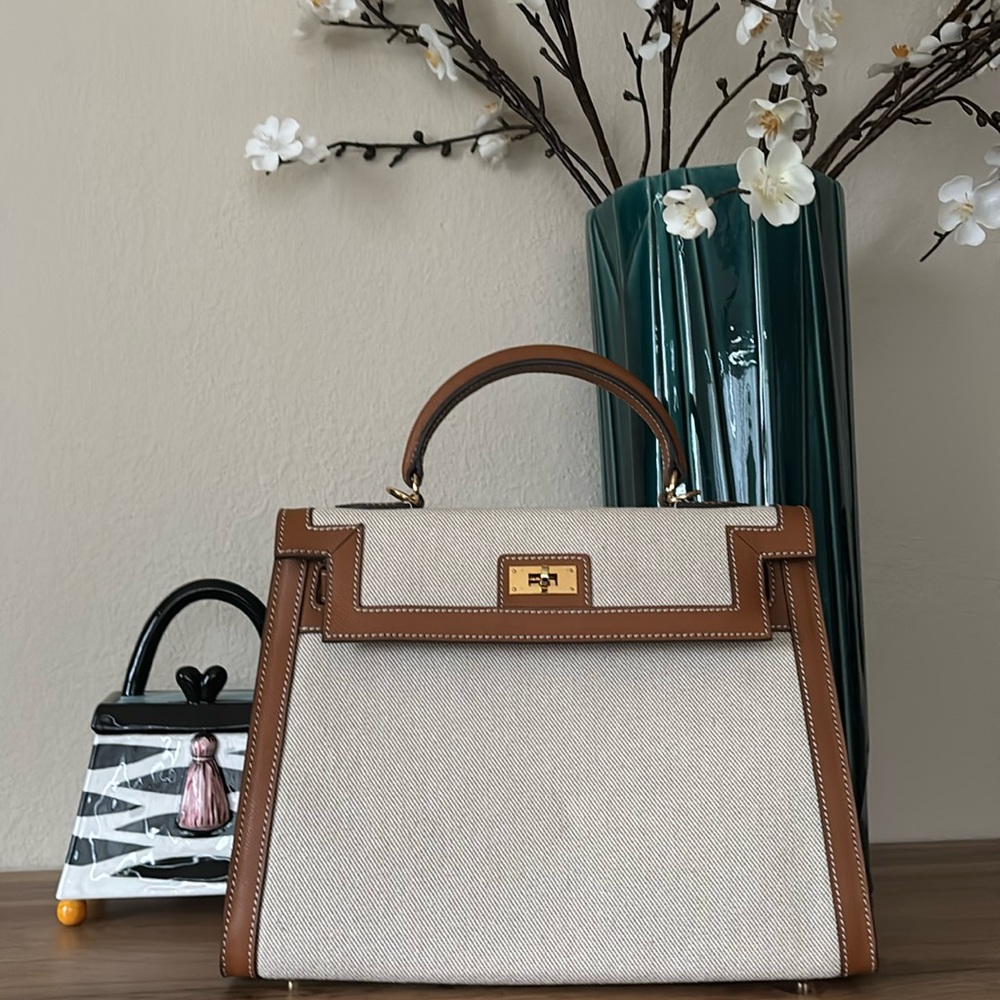 Inspired Designer Top Handle Crossbody Handbag, Leather Trim, Cream Canvas